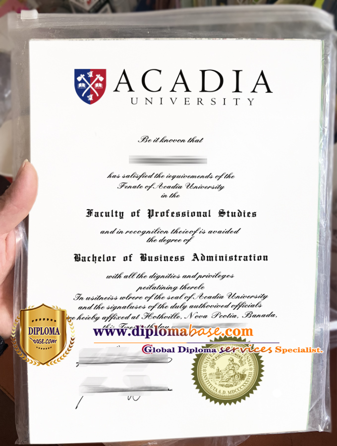 Simulation of diploma produced by Acadia University in Canada